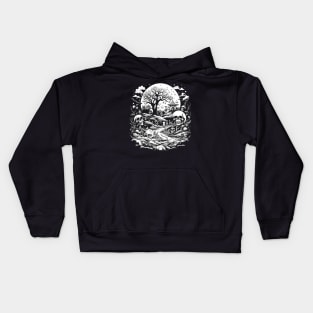White Night of Magical Hut in Psychedelic Forest With Skulls, Macabre Kids Hoodie